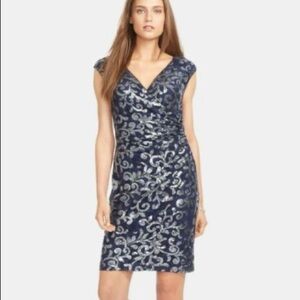 Ralph Lauren Navy Blue Lace Silver Sequins  Ruched Sheath Cocktail Dress Size 12